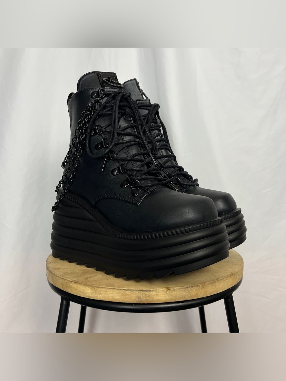 Black Demonia Morte-65 Skeleton Chained Wedge Platform Boots